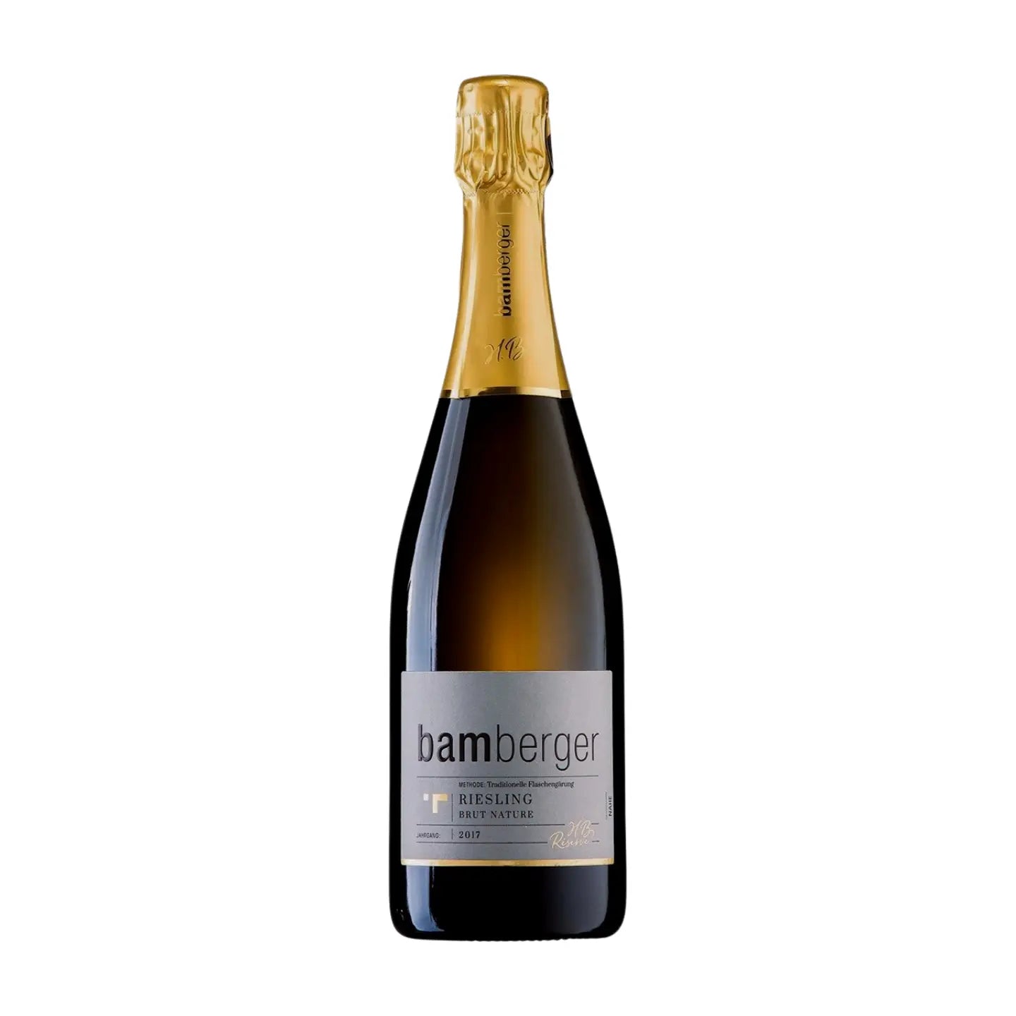 Riesling Brut Nature vom Bamberger Wein- & Sektgut freigestellt vor weissem Hintergrund.