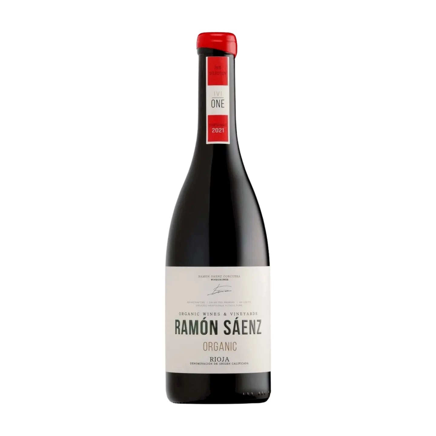 Rioja DOC Level One von der Bodegas Ramon Saenz freigestellt vor weissem Hintergrund.