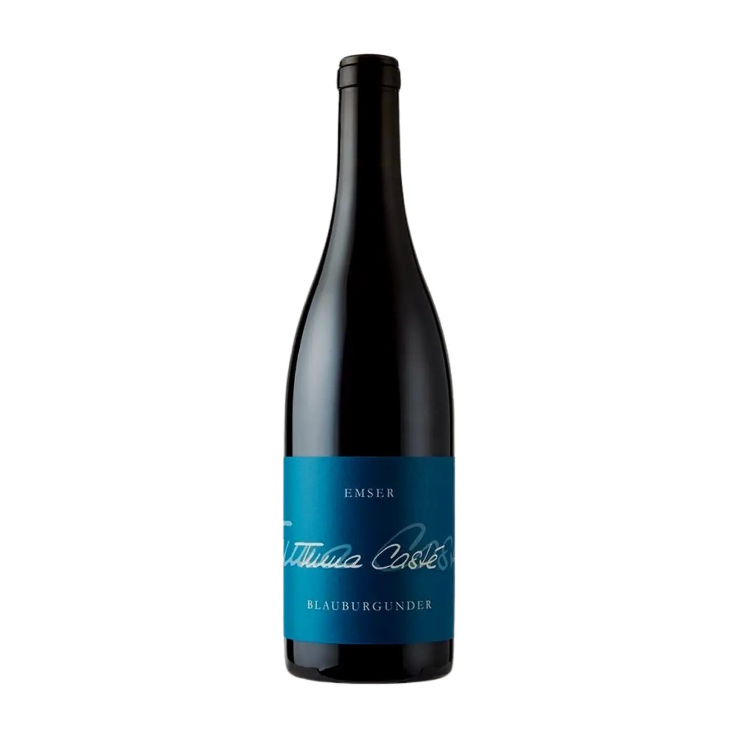 Emser Blauburgunder Tuma Casté von Weinbau von Tscharner freigestellt mit weissem Hintergrund.