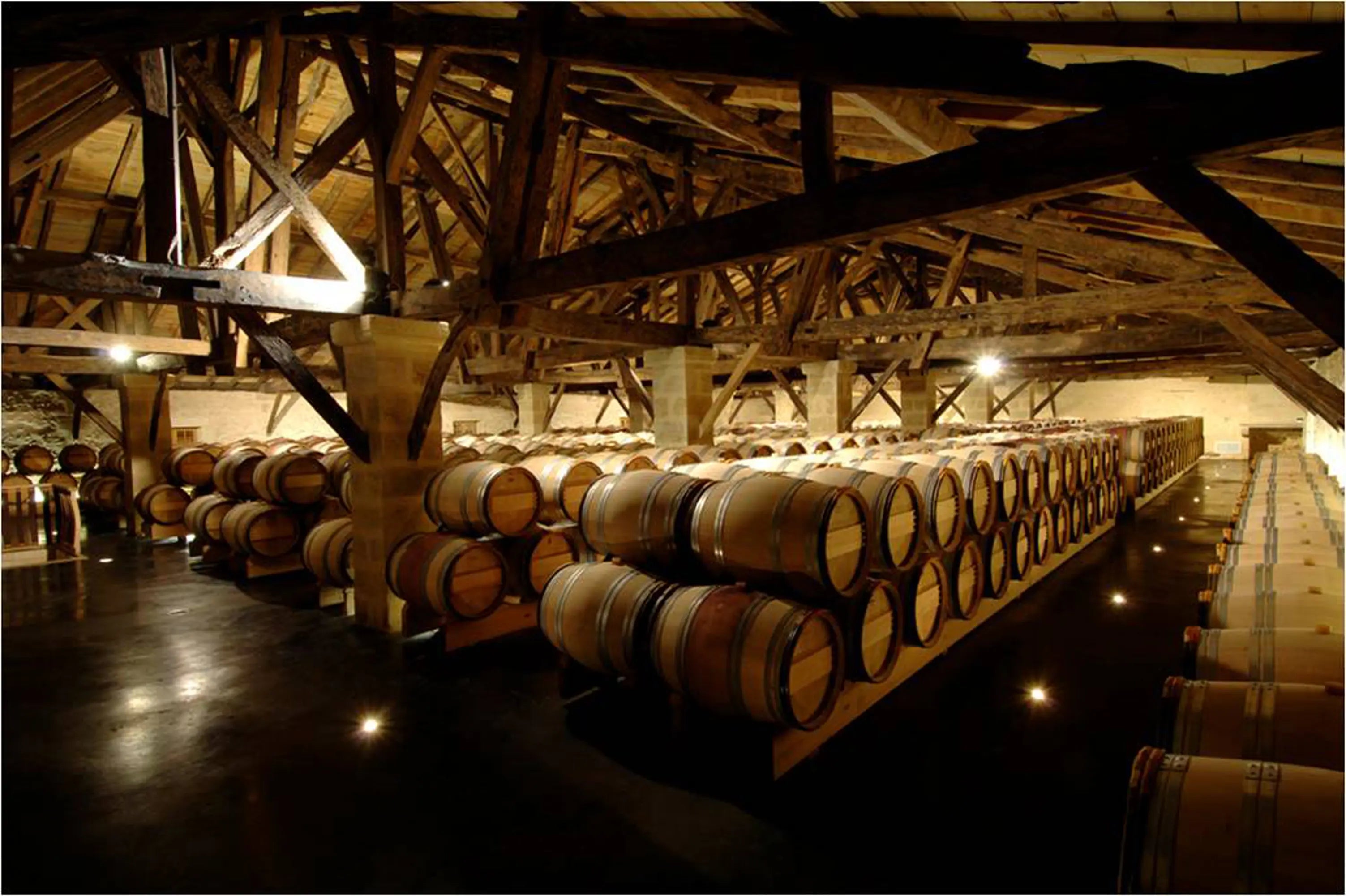 Fasskeller mit vielen Barriques in Château d'Aiguilhe.