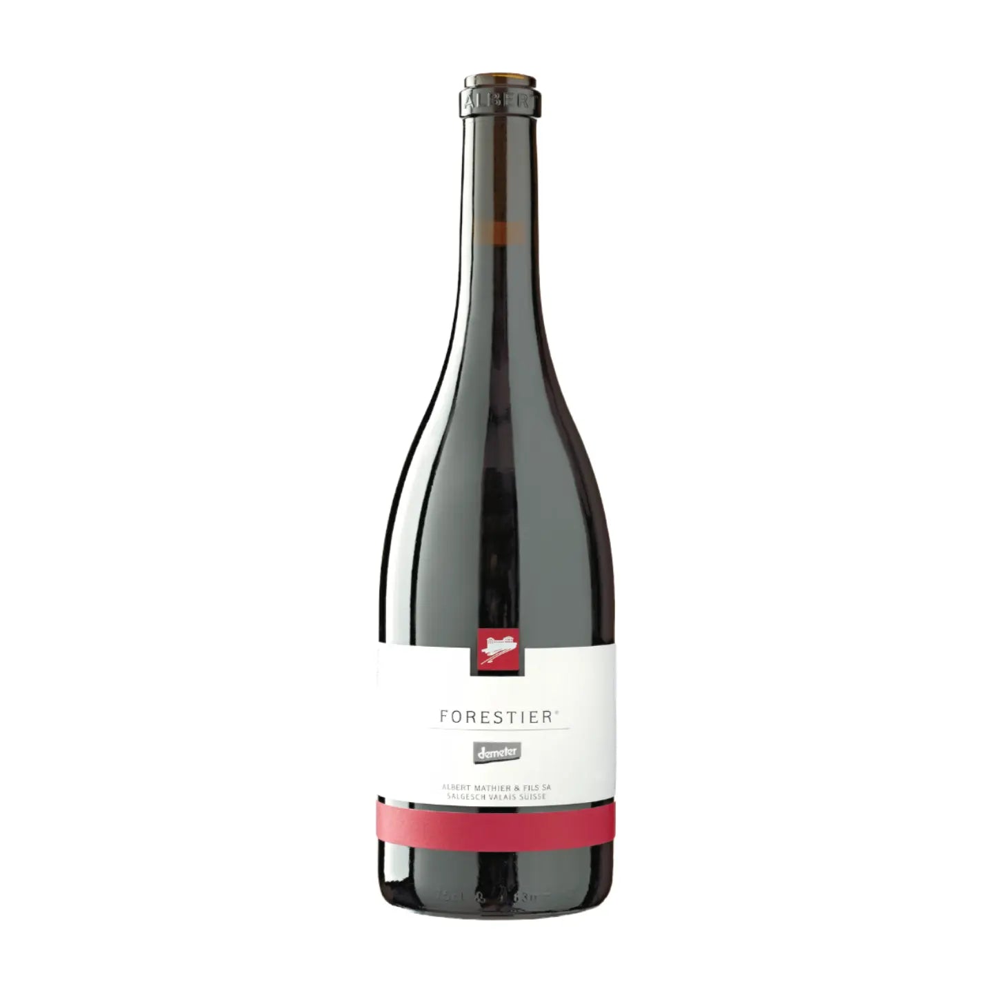 Flasche Forestier Pinot Noir von Albert Mathier freigestellt mit weissem Hintergrund.