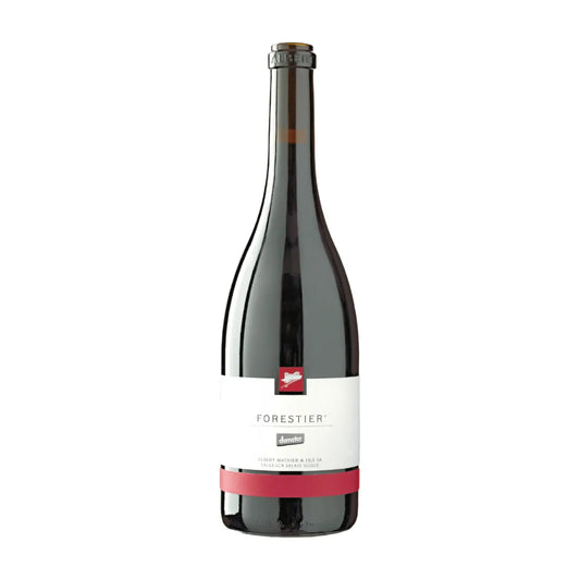 Flasche Forestier Pinot Noir von Albert Mathier freigestellt mit weissem Hintergrund.