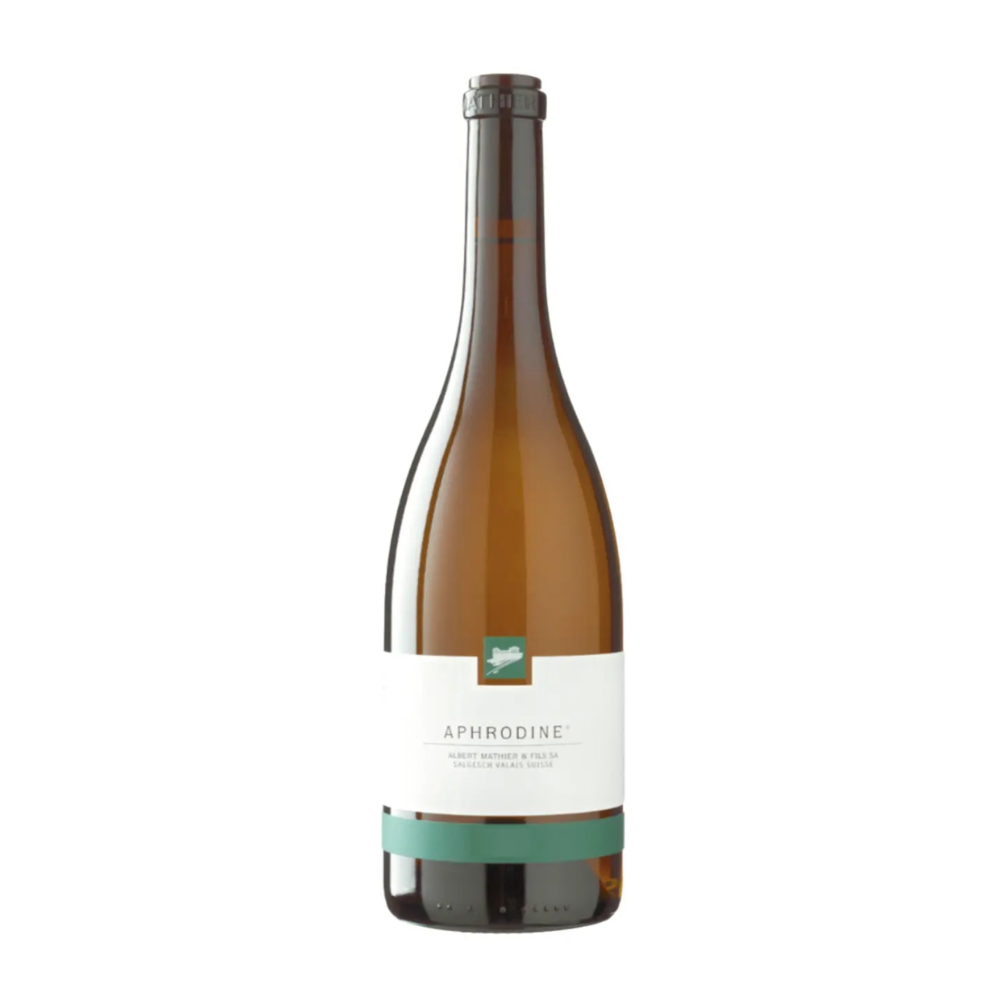 Flasche Aphrodine Petite Arvine von Albert Mathier freigestellt mit weissem Hintergrund.