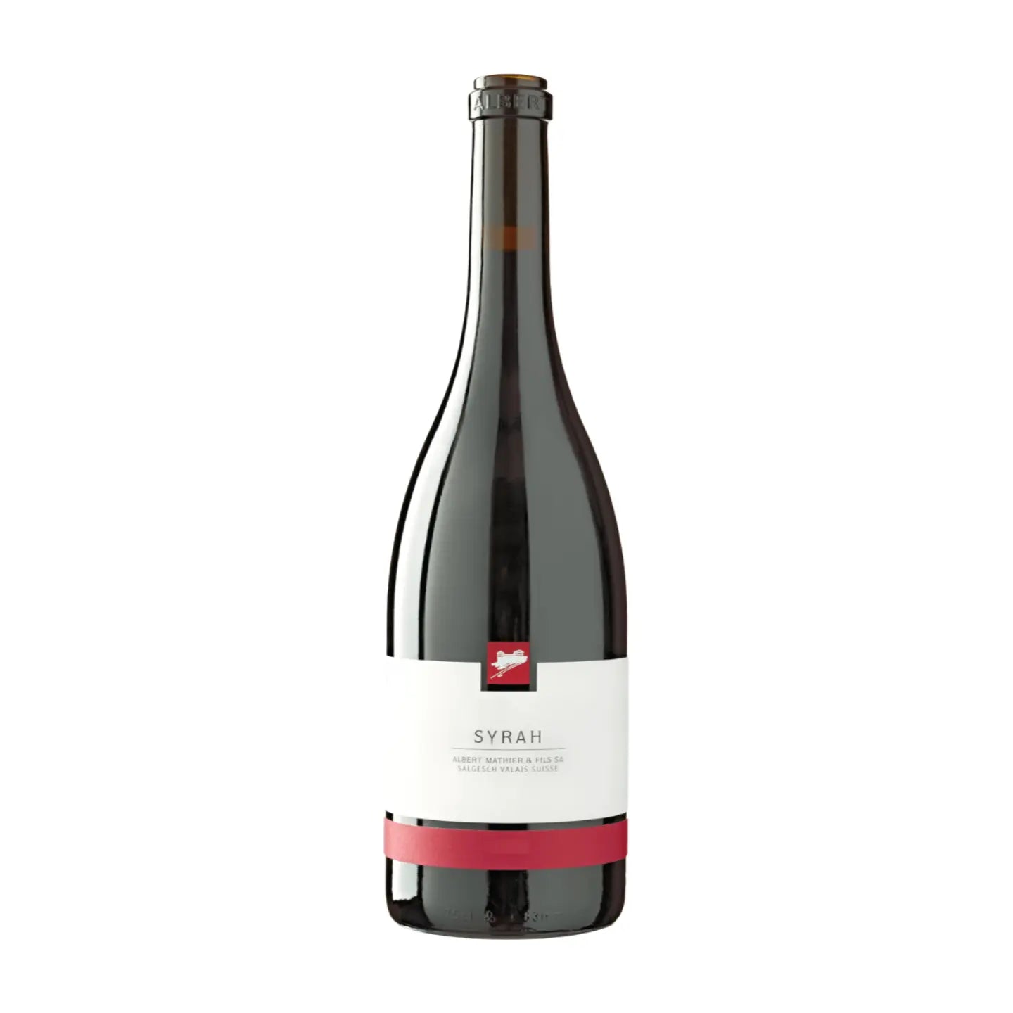 Flasche Syrah von Albert Mathier freigestellt mit weissem Hintergrund.