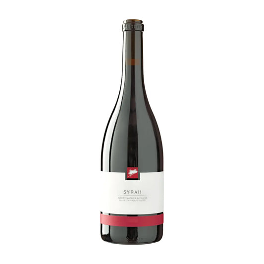 Flasche Syrah von Albert Mathier freigestellt mit weissem Hintergrund.
