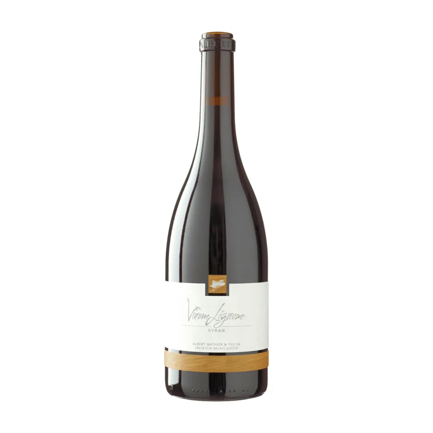 Flasche Vinum Lignum Syrah freigestellt mit weissem Hintergrund.