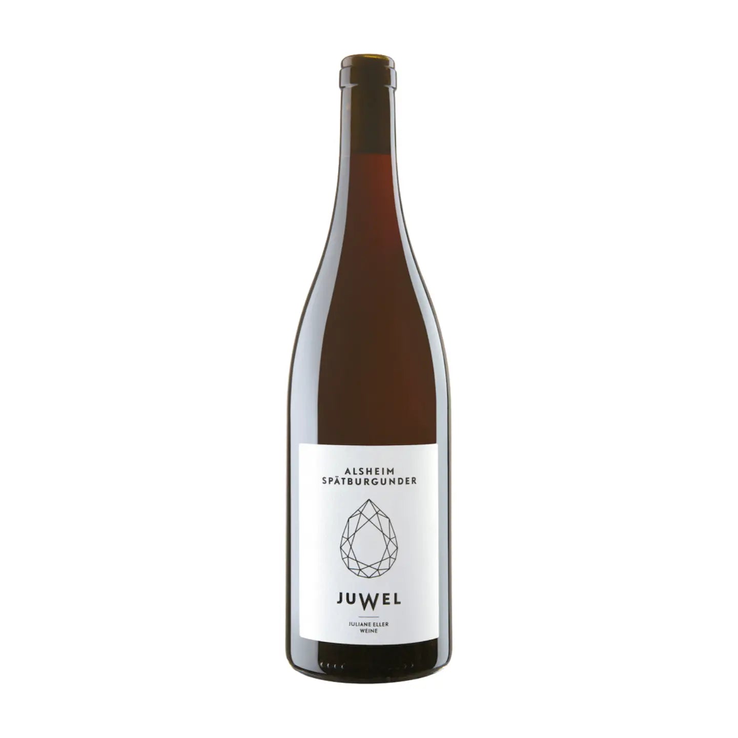 Flasche Alsheim Spätburgunder von Juwel Weine Juliane Eller vor weissem Hintergrund