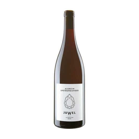 Flasche Alsheim Spätburgunder von Juwel Weine Juliane Eller vor weissem Hintergrund