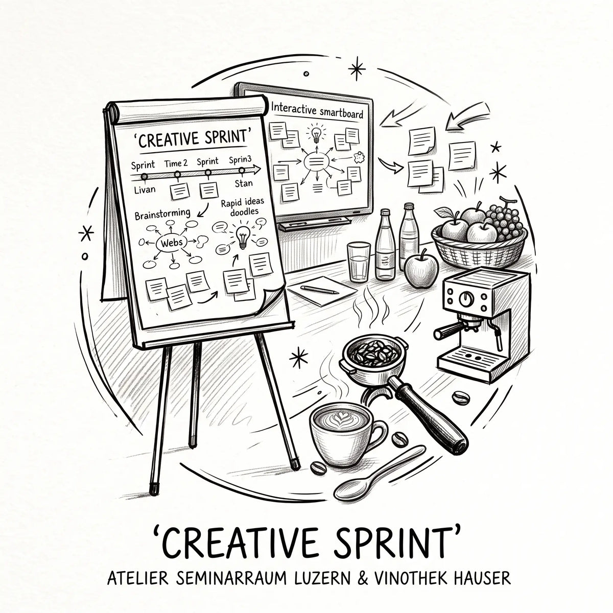 Ganztages-Pauschale Creative Sprint im Atelier Seminarraum Luzern, direkt bei der Vinothek Hauser.