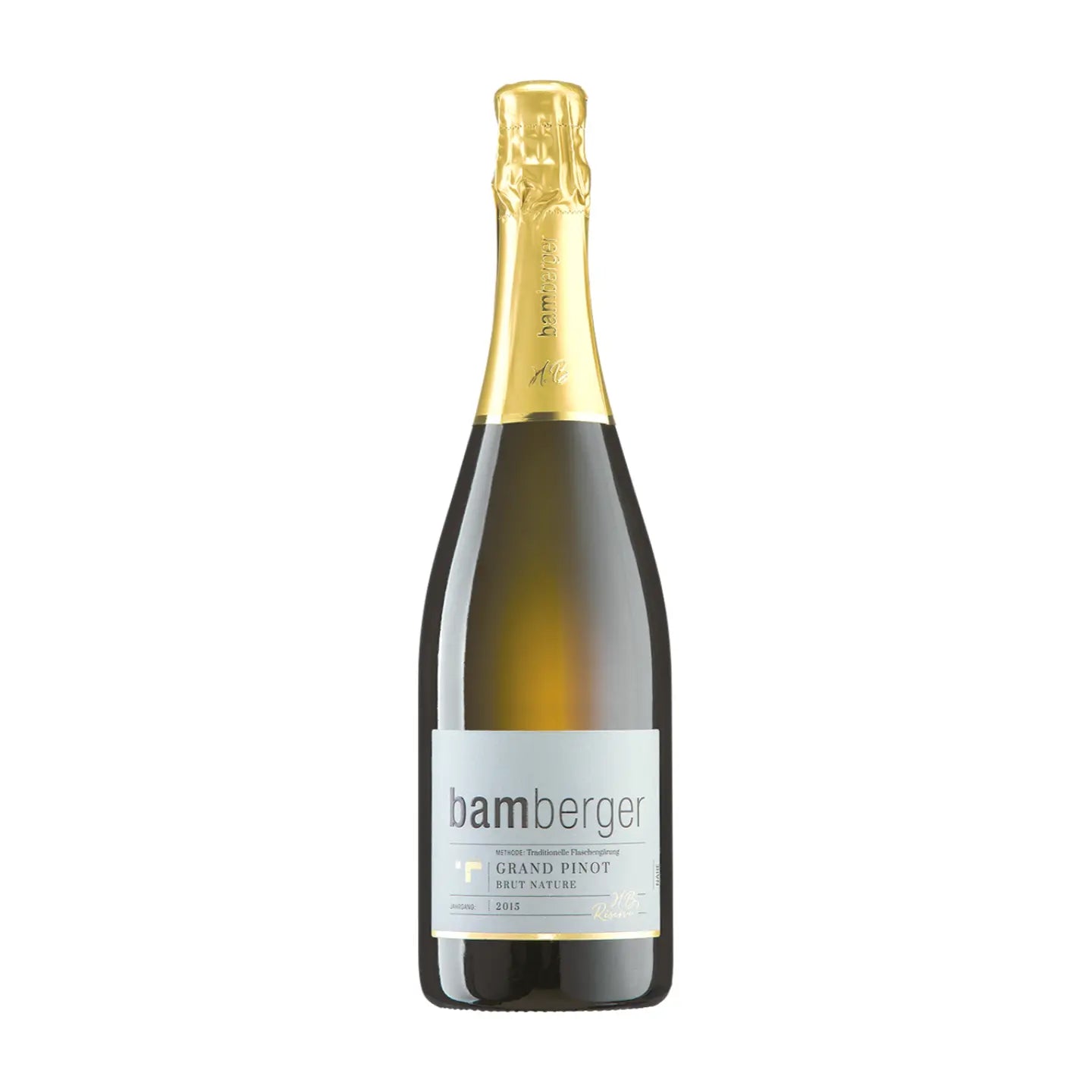 Grand Pinot Brut Nature vom Bamberger Wein- & Sektgut freigestellt vor weissem Hintergrund.