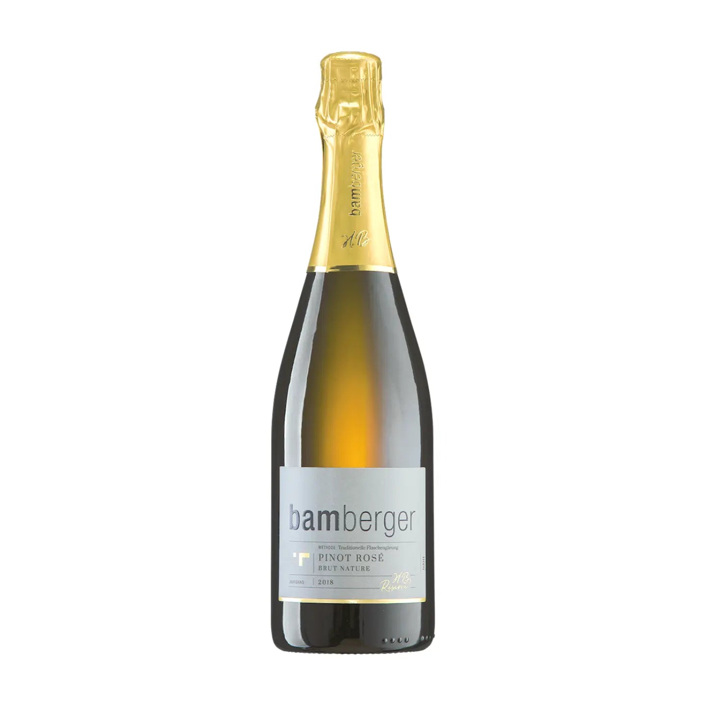 Pinot Rosé Brut Nature vom Bamberger Wein- & Sektgut freigstellt vor weissem Hintergrund.