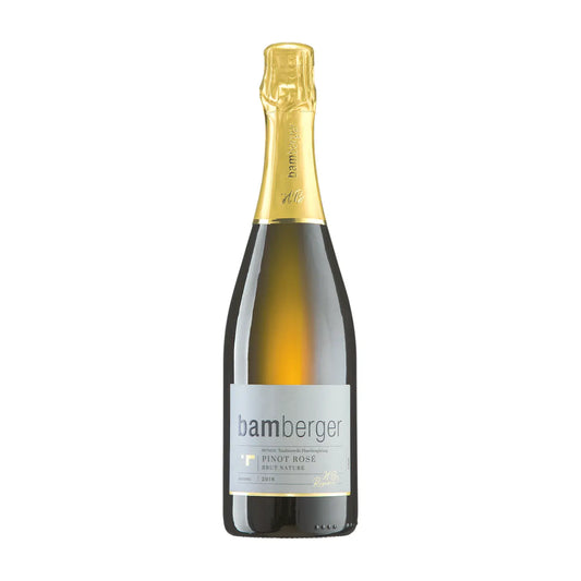 Pinot Rosé Brut Nature vom Bamberger Wein- & Sektgut freigstellt vor weissem Hintergrund.