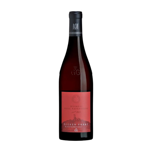 Dicker Franz Lemberger VDP.GG vom Weingut Burg Ravensburg freigestellt mit weissem Hintergrund.