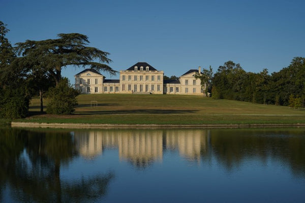 See im Park von Château Phélan Ségur mit dem Château im Hintergrund.