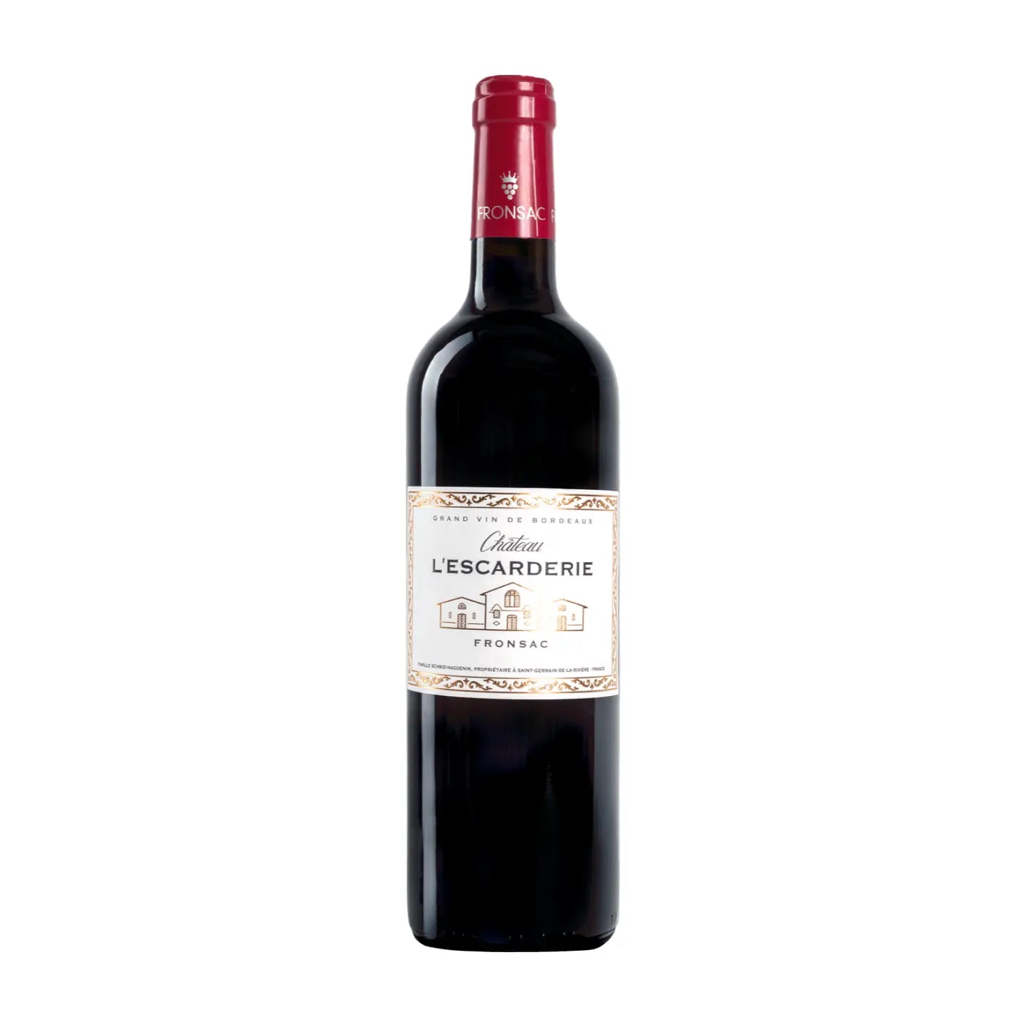 Flasche Château l'Escarderie freigestellt mit weissem Hintergrund.