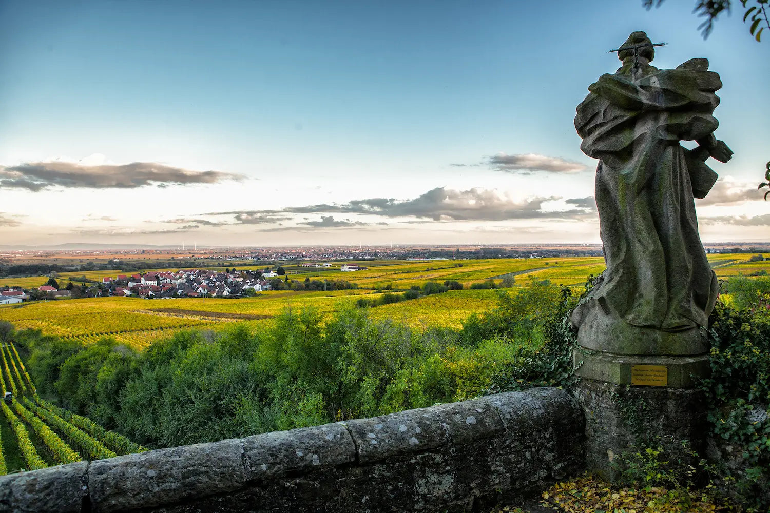 Blick auf Deidesheim in der Pfalz mit einer Mauer und Stature im Vordergrund und Weinbergen um das Dorf im Hintergrund.