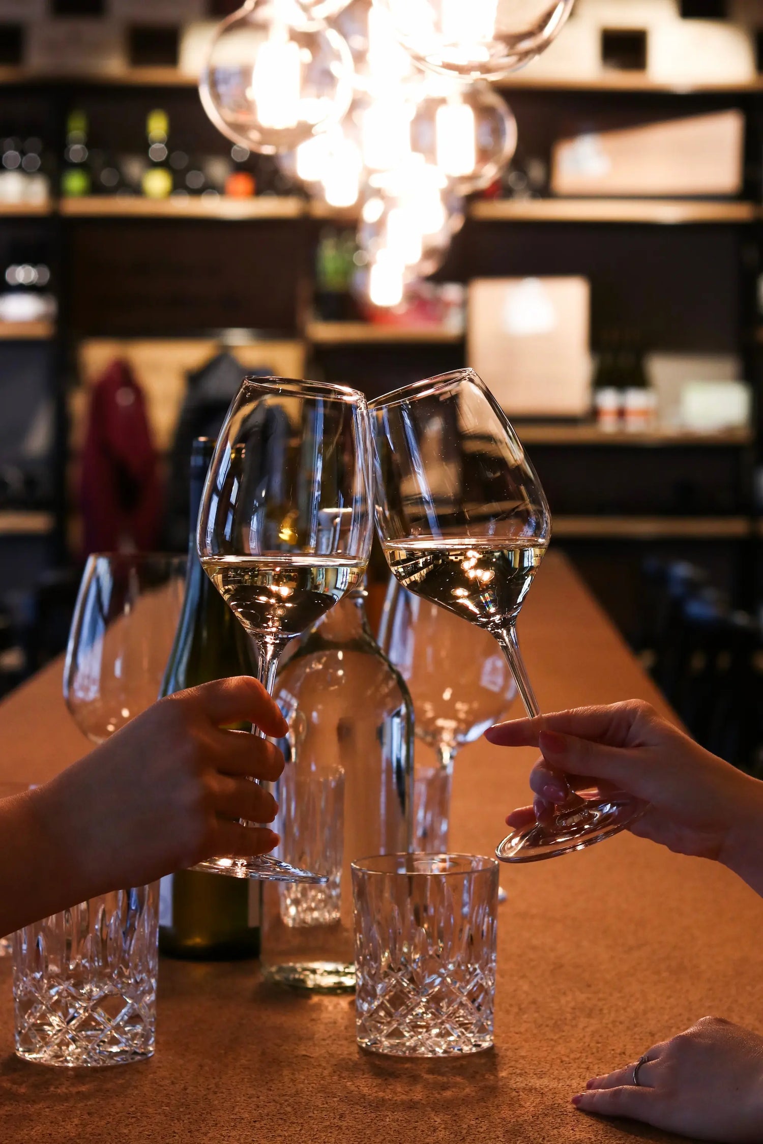 Apéro in Luzern in der Vinothek Hauser, bei dem zwei Gäste mit Weisswein anstossen.