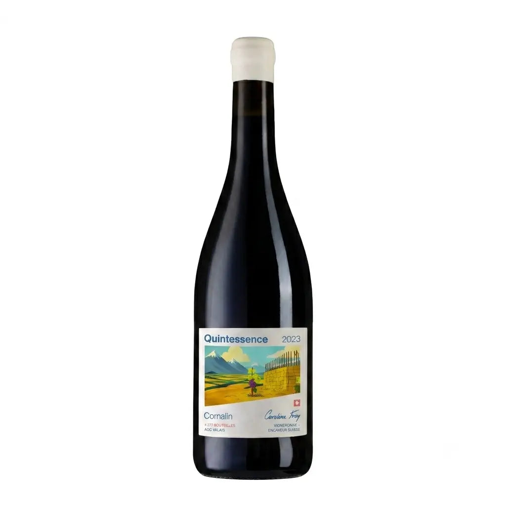 Quintessence Cornalin von der Domaine Caroline Frey freigestellt mit weissem Hintergrund.