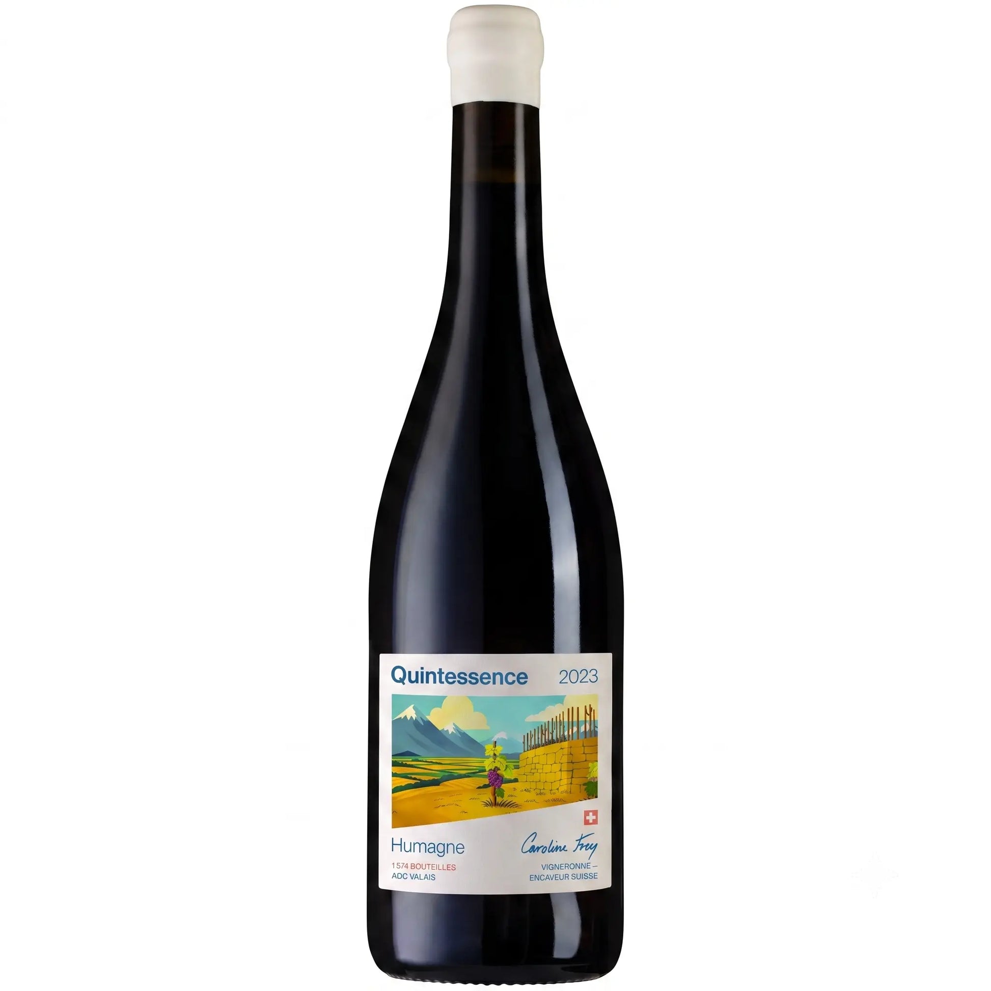Quintessence Humagne rouge von der Domaine Caroline Frey freigestellt mit weissem Hintergrund.