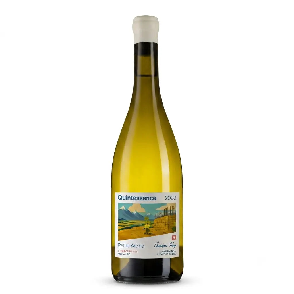Quintessence Petite Arvine von der Domaine Caroline Frey freigestellt mit weissem Hintergrund.