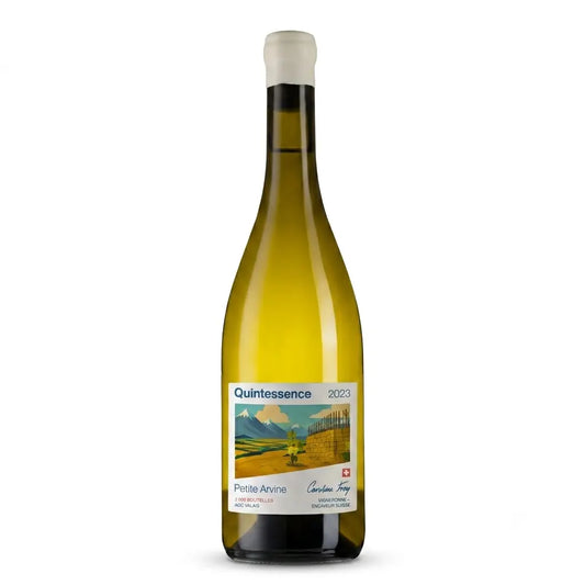 Quintessence Petite Arvine von der Domaine Caroline Frey freigestellt mit weissem Hintergrund.