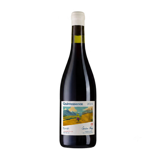 Quintessence Syrah von der Domaine Caroline Frey freigestellt mit weissem Hintergrund.