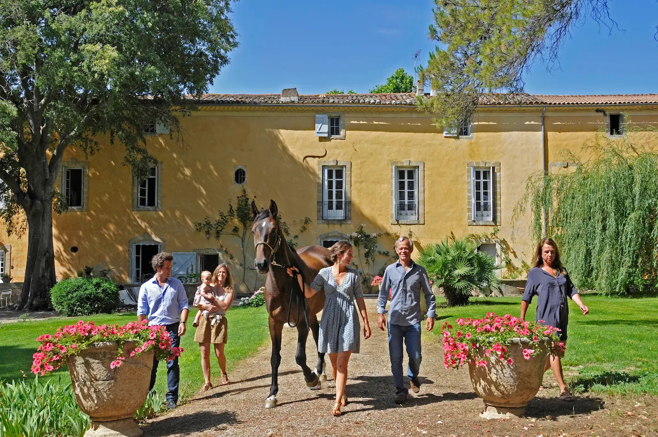 Familie Coste von der Domaine Montrose zusammen mit einem Pferd vor dem Weingut.