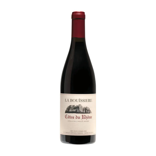 Côtes du Rhône von der Domaine La Bouissière freigestellt vor weissem Hintergrund.