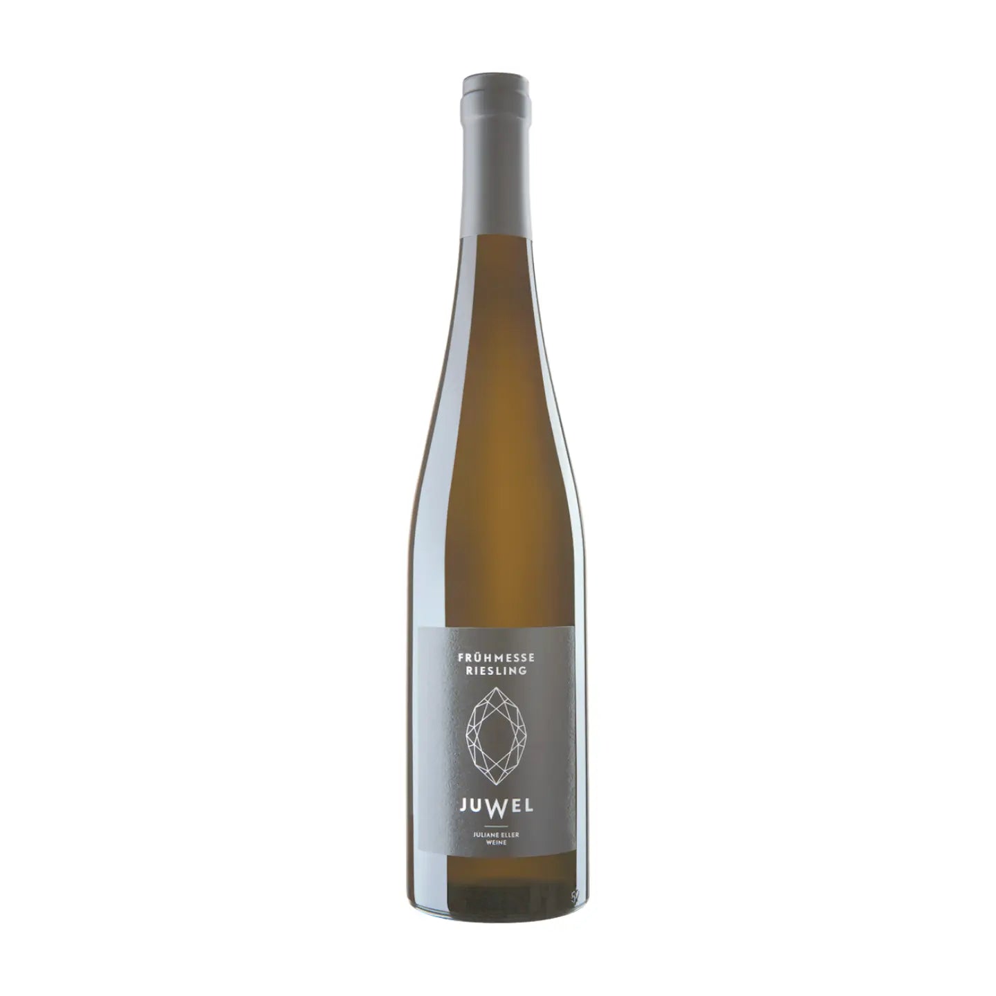 Flasche Frühmesse Riesling von Juwel Weine Juliane Eller vor weissem Hintergrund