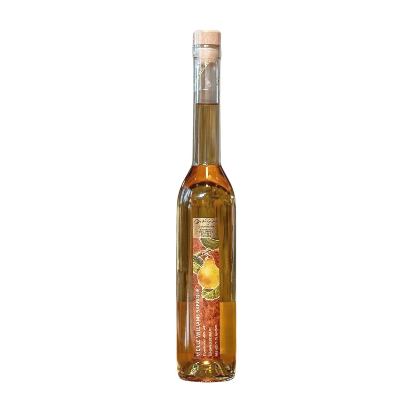 Flasche Vieille Williams von Gunzwiler Destillate Urs Hecht freigestellt vor weissem Hintergrund.