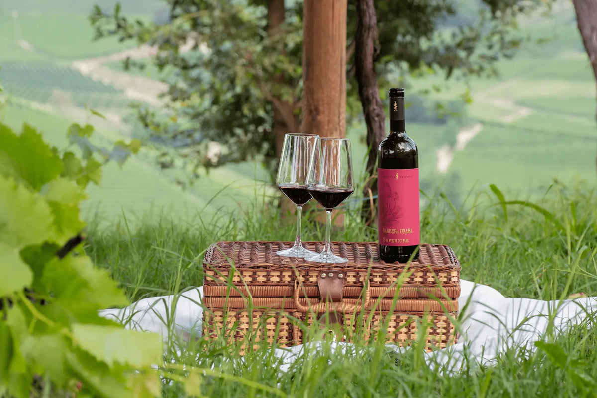 Picknick im Piemont mit einer Flasche Barbera d'Alba von Josetta Saffirio auf dem Picknickkorb.