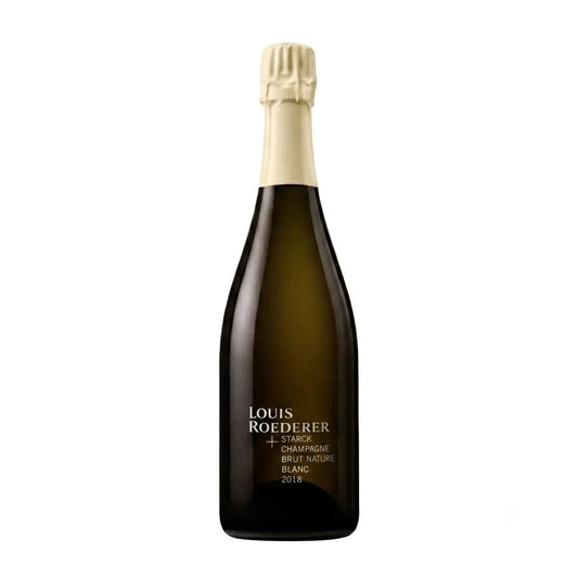 Brut Nature Vintage von Louis Roederer mit Philippe Starck freigestellt vor weissem Hintergrund.