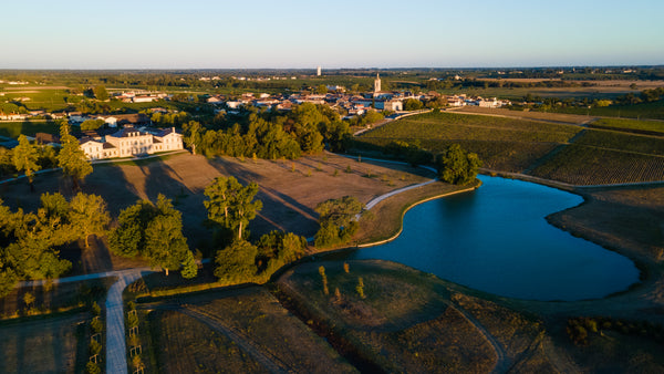 Luftaufrnahme vom Château Phélan Ségur mit Park und Saint-Éstèphe im Hintergrund.
