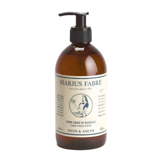 Flüssigseife Thym & Aneth von der Savonnerie Marius Fabre freigestellt mit weissem Hintergrund.