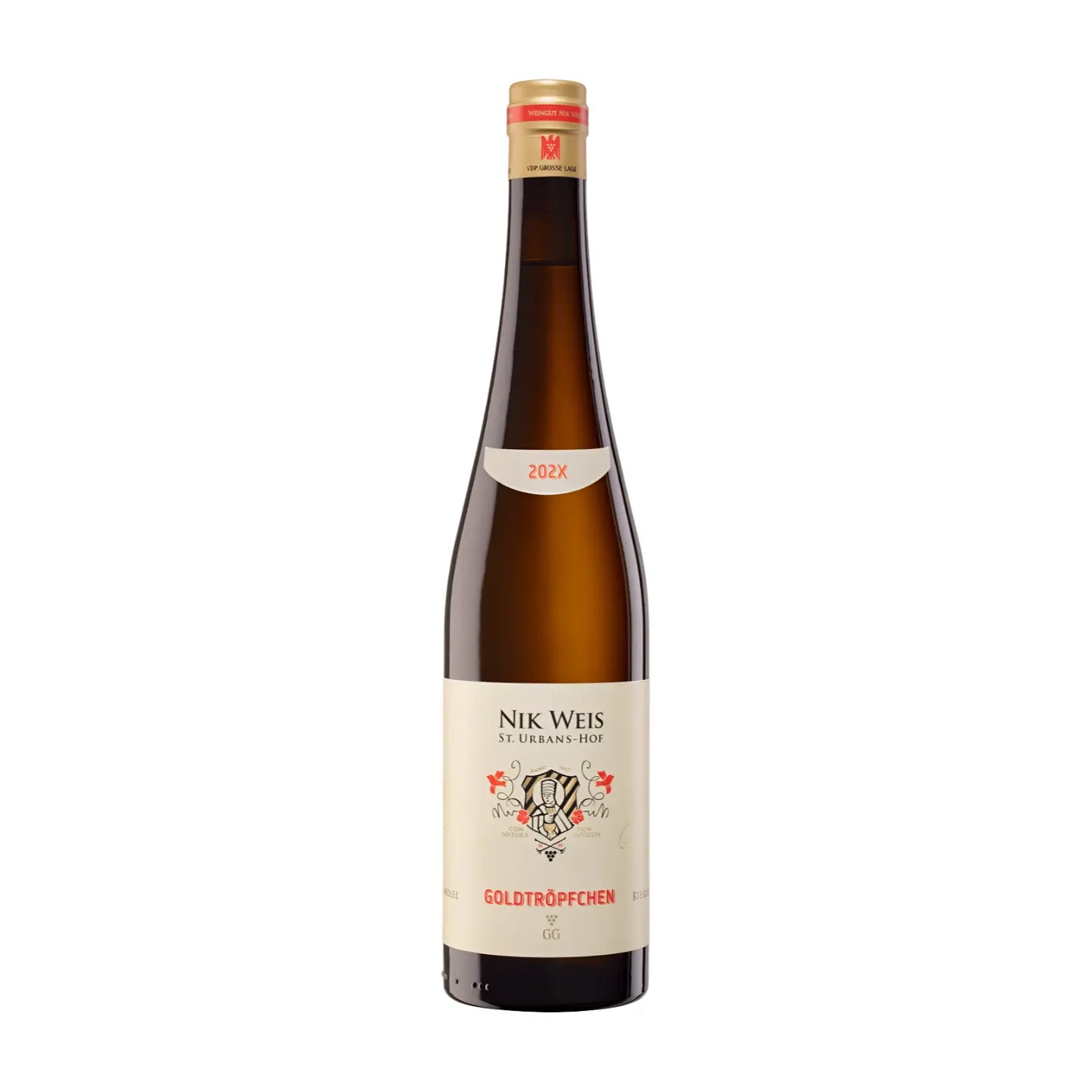 Piesporter Goldtröpfchen Riesling VDP.Grosses Gewächs vom St. Urbanshof Nik Weis freigestellt vor weissem Hintergrund.
