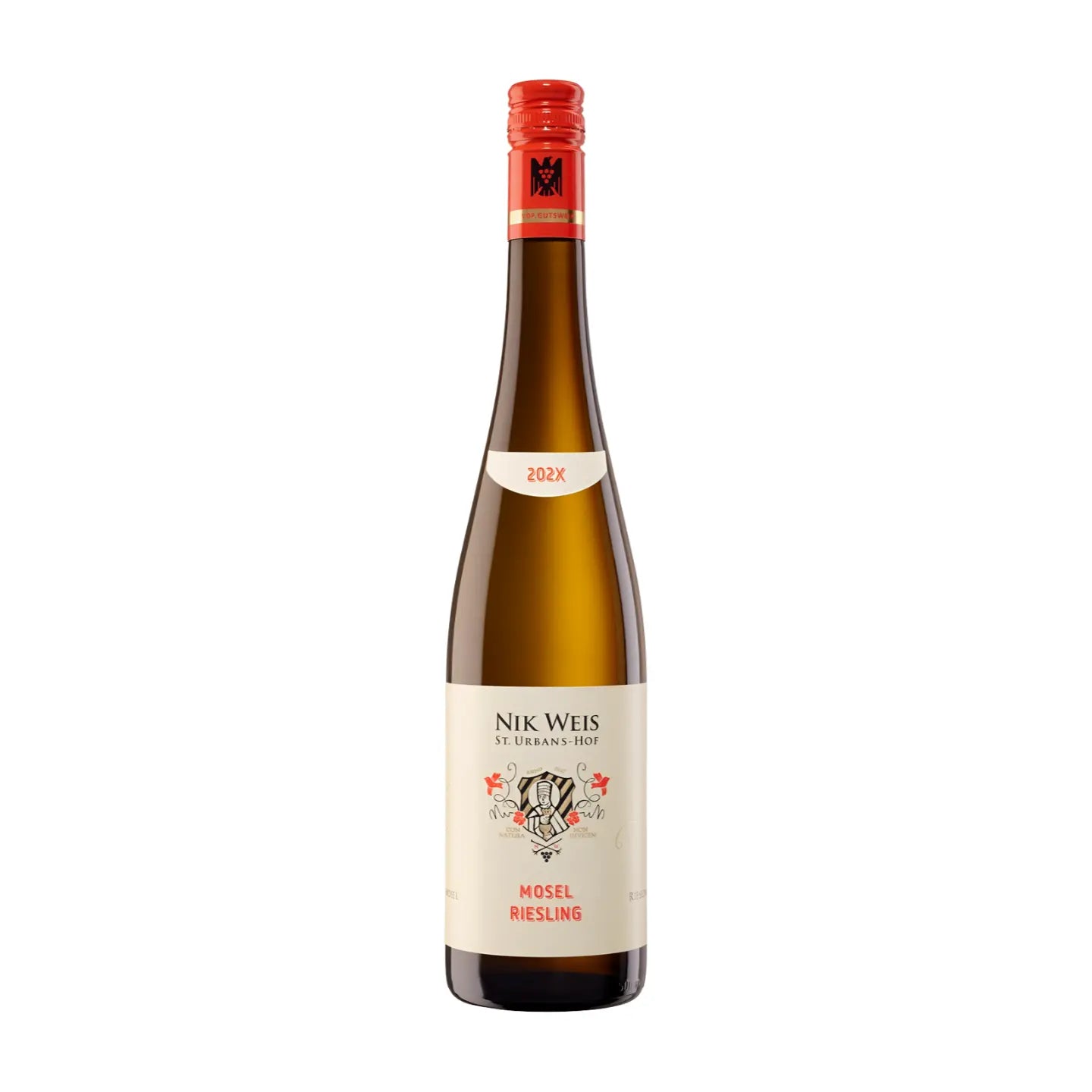 Mosel Riesling VDP.Gutswein vom St. Urbanshof Nik Weis freigestellt vor weissem Hintergrund.