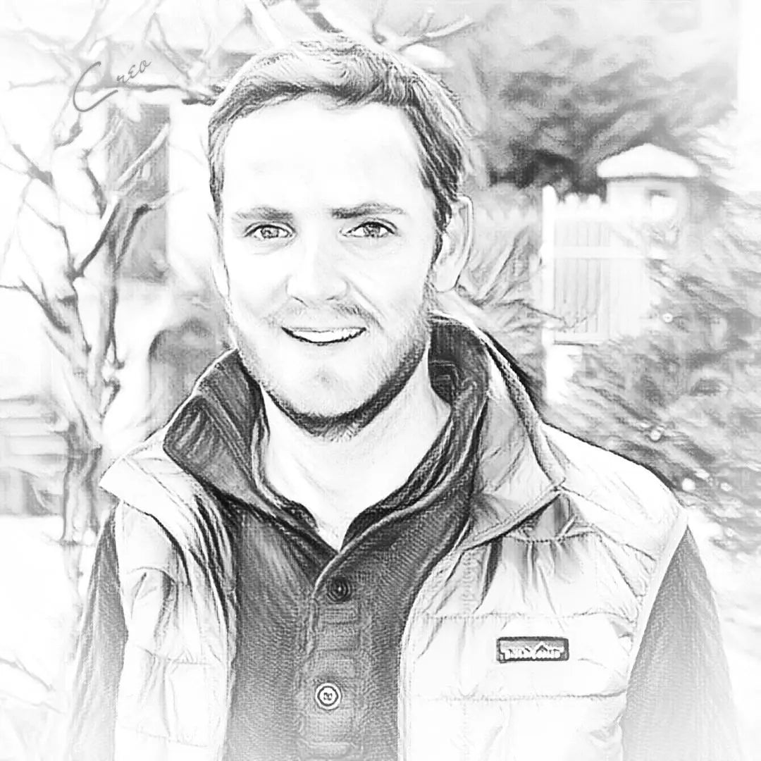 Handgezeichnetes Portrait von Andrew Hall von der Domaine des Bernardins.