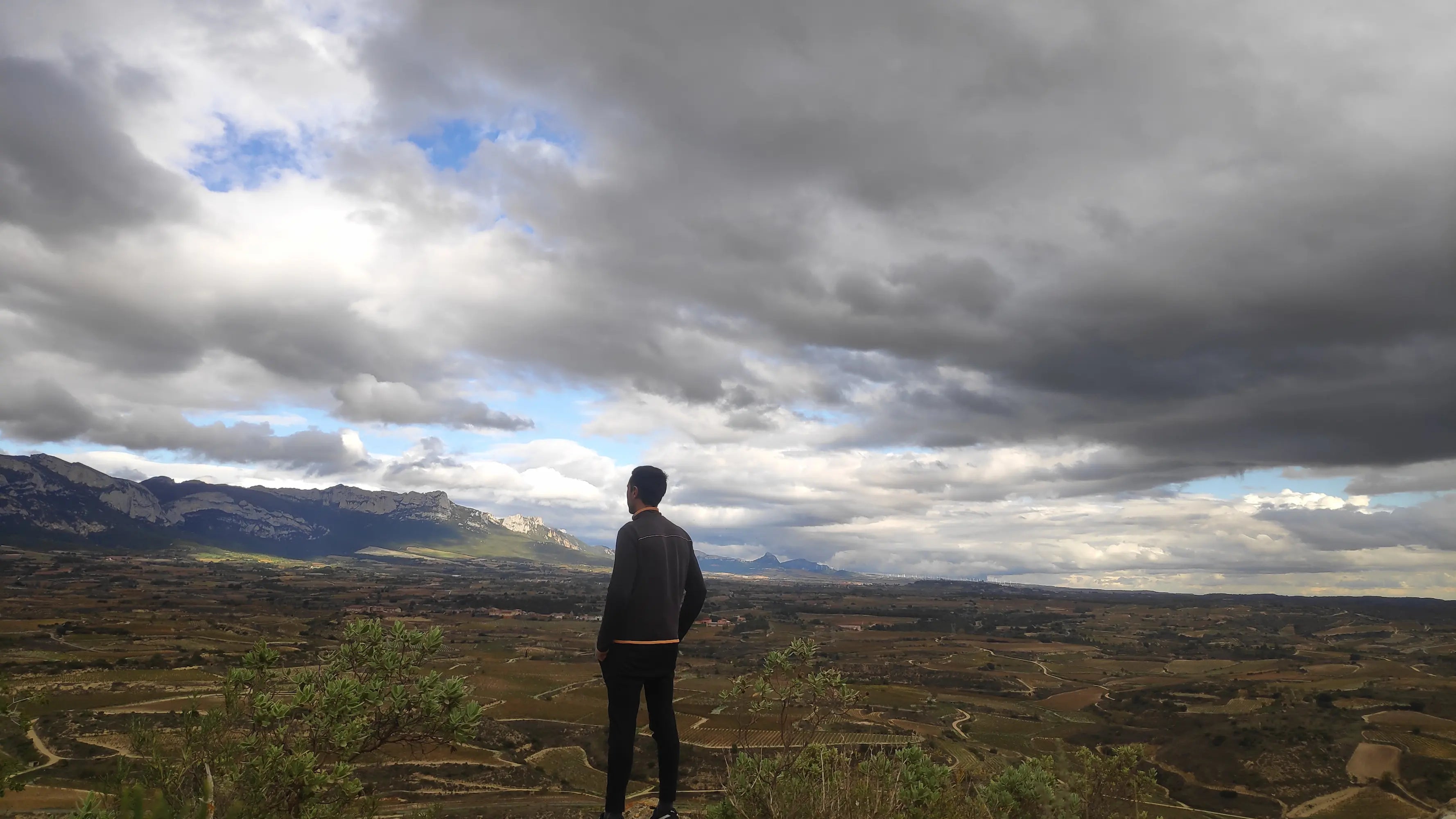 Ramon Saenz auf einem Hügel mit Blick auf die Rebberge des Rioja Alavesa mit Bergen im Hintergrund.