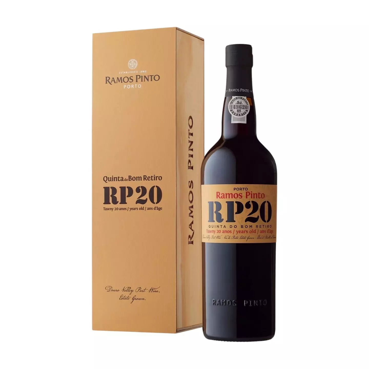 Porto 20 years von Ramos Pinto mit Geschenkkarton freigestellt mit weissem Hintergrund.