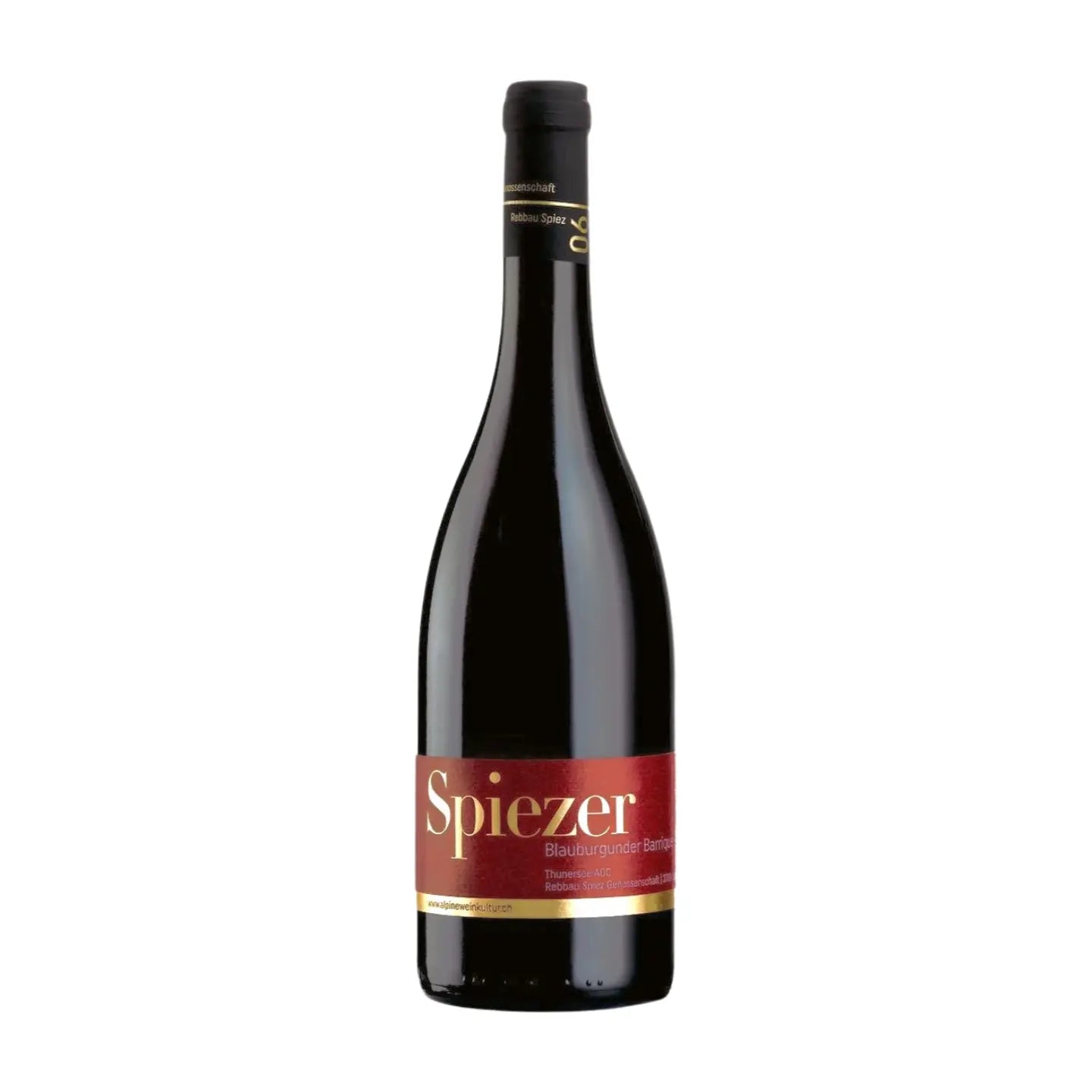 Spiezer Blauburgunder Barrique von Alpine Weinkultur Spiez freigestellt mit weissem Hintergrund.