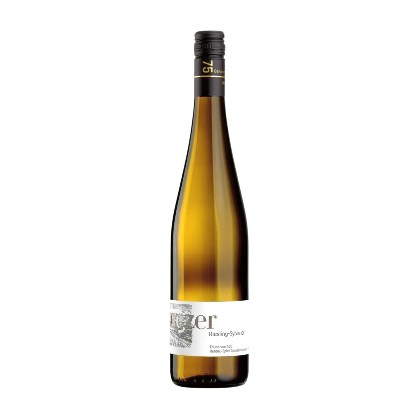 Spiezer Riesling-Sylvaner von Alpine Weinkultur Spiez freigestellt mit weissem Hintergrund.