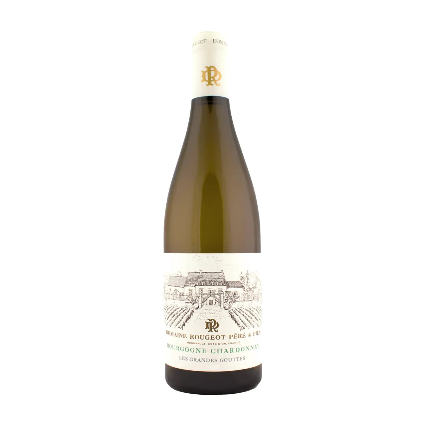 Bourgogne Chardonnay Les Grandes Gouttes von der Domaine Rougeot im Burgund freigestellt vor weissem Hintergrund.