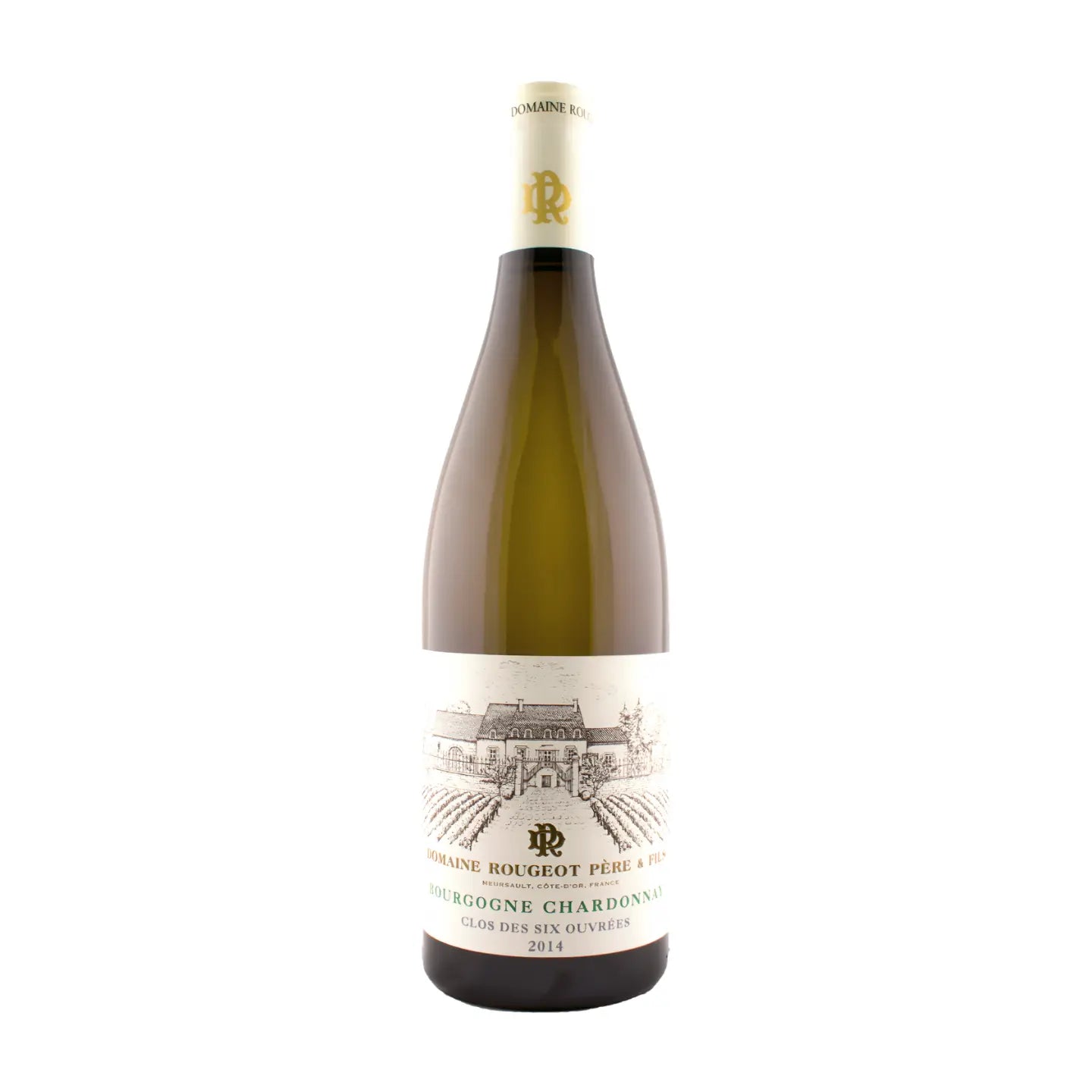 Bourgogne Chardonnay Clos des six ouvrées von der Domaine Rougeot freigestellt vor weissem Hintergrund.