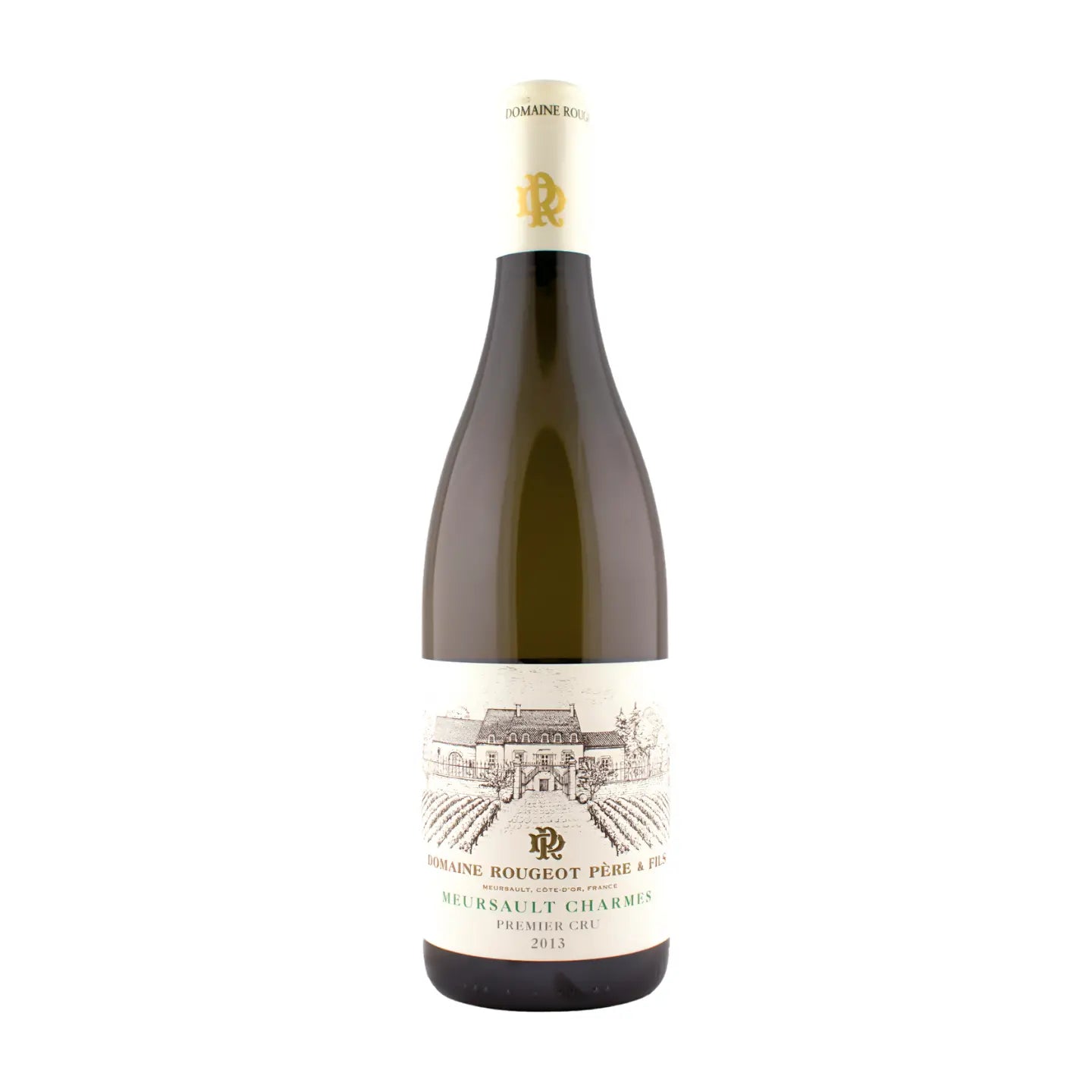 Meursault Charmes Premier Cru von der Domaine Rougeot freigestellt vor weissem Hintergrund.