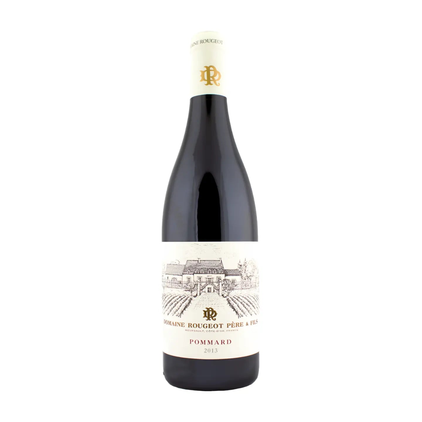 Pommard Clos des Roses von der Domaine Rougeot freigestellt vor weissem Hintergrund.