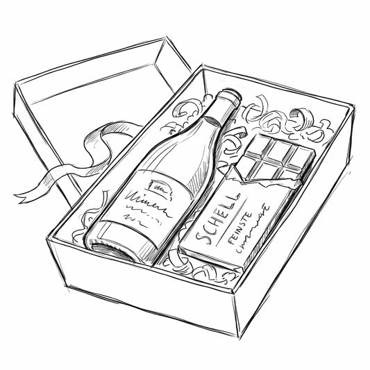 Skizziertes Produktbild des Schokoladen-Pakets der Vinothek Hauser mit Schokoladen von der Manufaktur Schell.
