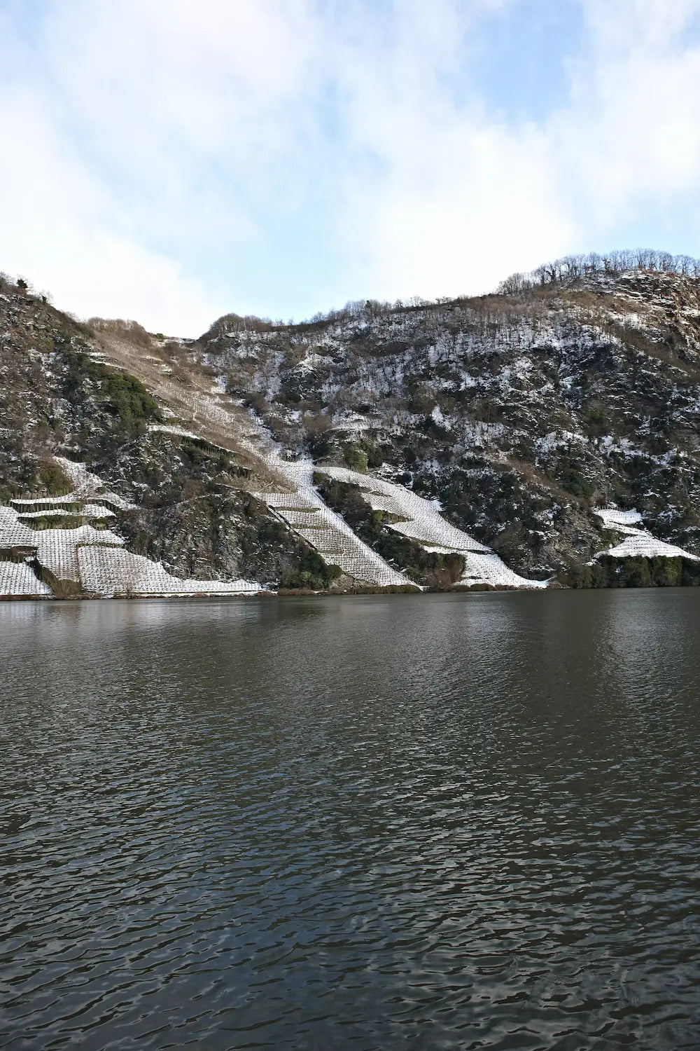 Blcik auf Steillagen und terrassierte Rebberge im Weinanbaugebiet Mose, davor der Fluss.