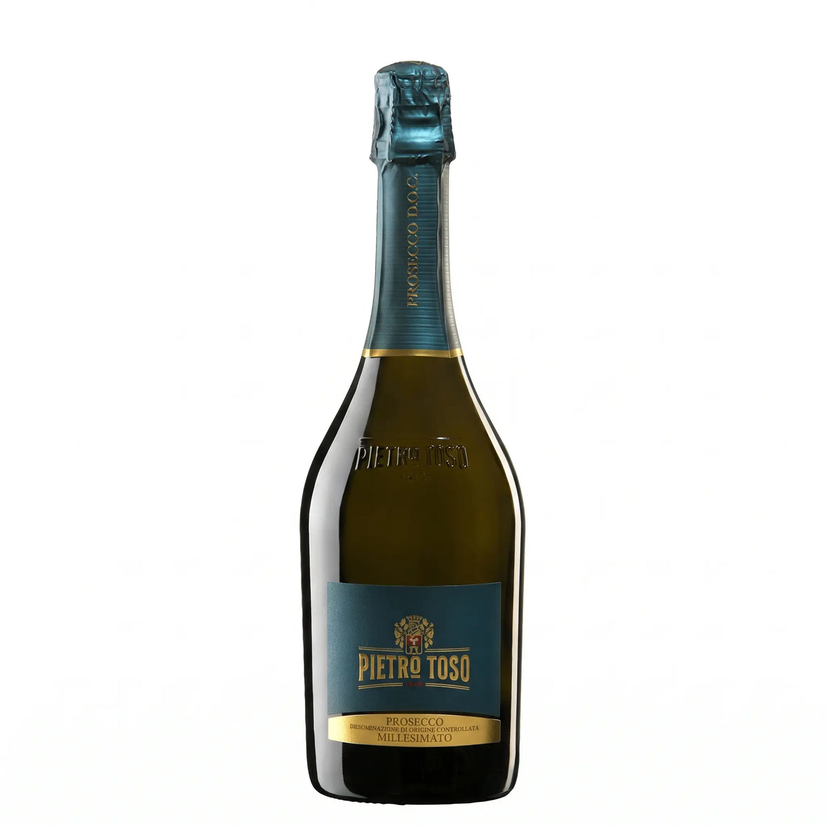 Flaschenbild frontal vom Prosecco Millesimato von Toso freigestellt mit weissem Hintergrund.