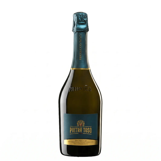 Flaschenbild frontal vom Prosecco Millesimato von Toso freigestellt mit weissem Hintergrund.