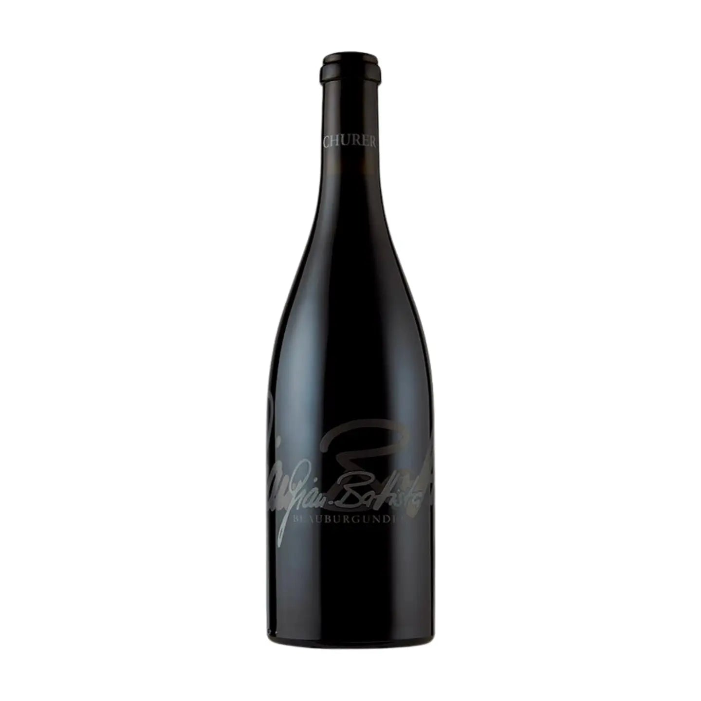 Churer Blauburgunder Gian-Battista von Weinbau von Tscharner freigestellt mit weissem Hintergrund.